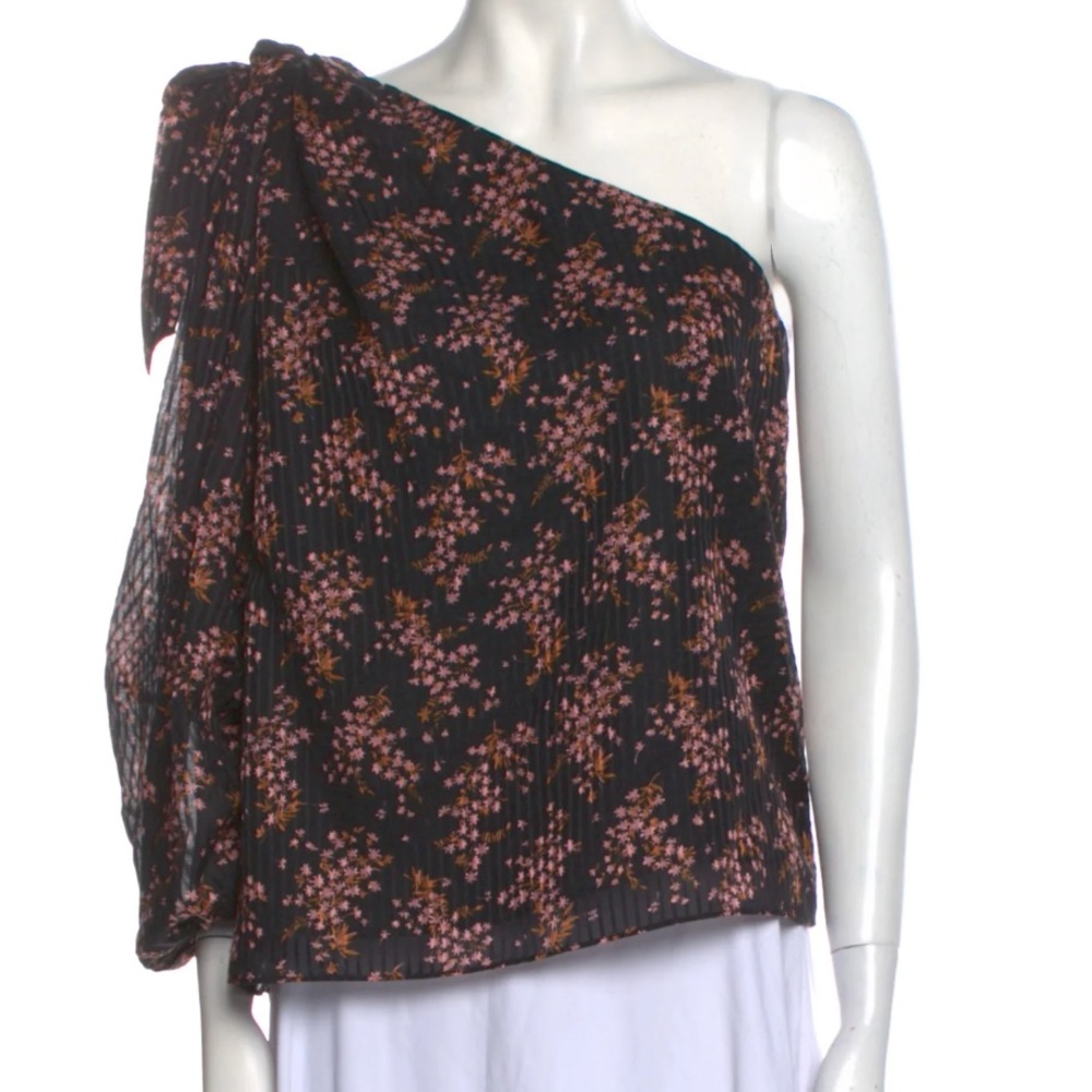 Ulla Johnson one shoulder floral black and pink blouse with tie shoulder detail